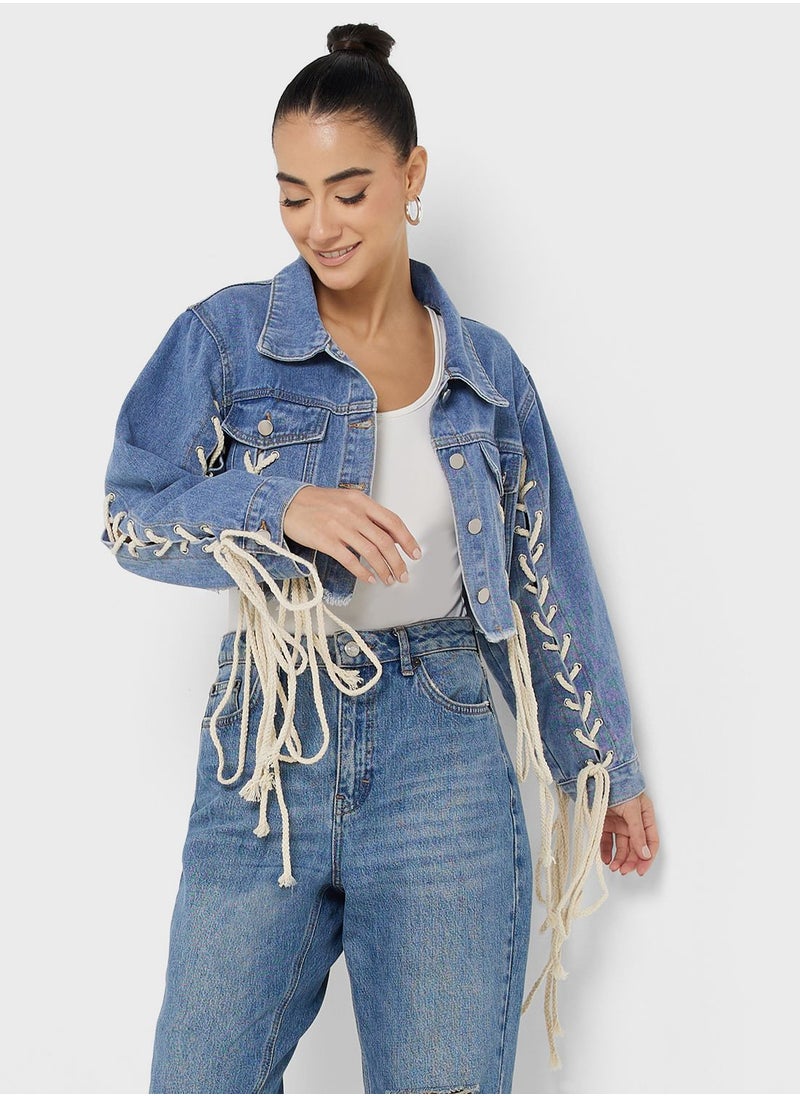 Ginger - Lace Up Detail Cropped Denim Jacket - Image 1