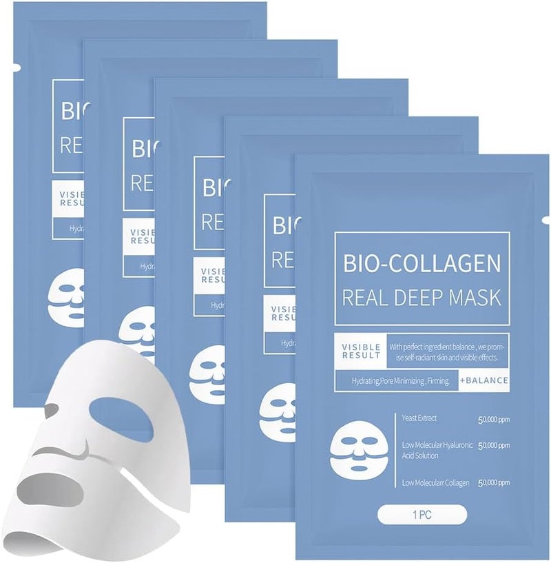 5 Pcs Bio Collagen Mask Deep Hydrating Bio Collagen Real Deep Mask ollagen Deep Hydrating Overnight Mask for Face Bio Collagen Face Mask Overnight for Girls and Women Skin Care