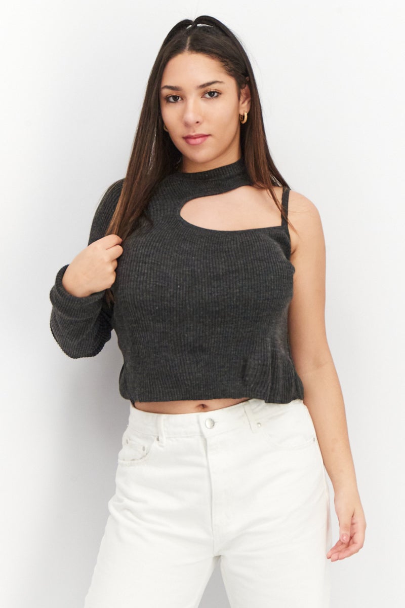 ASOS بلوزة قصيرة ذات كتف واحد بتصميم غير متساوي للنساء، رمادي - Image 1