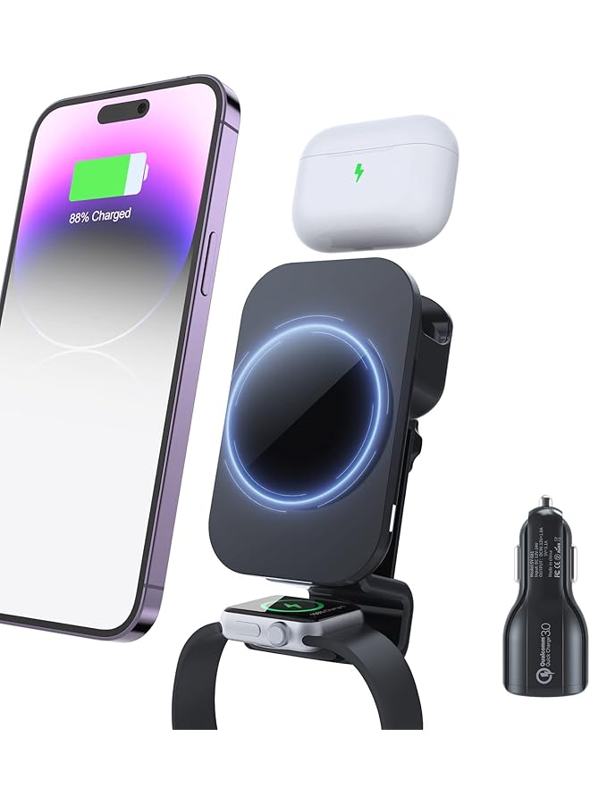 TERRIFI 3 In 1 Magnetic Wireless Car Charger, Car Charger Mount For Iphone/Apple Watch/Airpods, Car Phone Holder Only Support With Iphone/14/13/12 Pro Max, Apple Watch Se 7/6/5/4/3/2, Airpods 2/3/Pro - Image 1