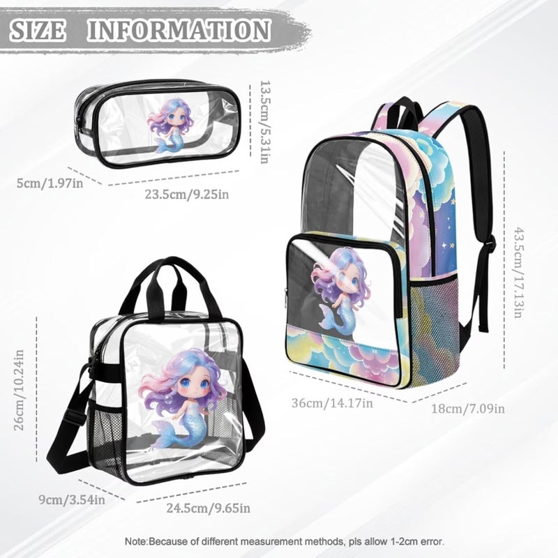 HUIACONG 3 in 1 Clear Mermaid Backpack for Girls Transparent Cute Backpack with Lunch Tote & Pencil Case School Approved Clear Backpack Kids - Image 2