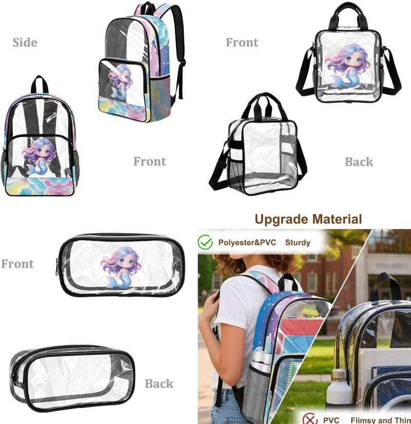 HUIACONG 3 in 1 Clear Mermaid Backpack for Girls Transparent Cute Backpack with Lunch Tote & Pencil Case School Approved Clear Backpack Kids - Image 5
