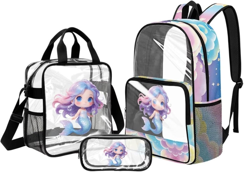 HUIACONG 3 in 1 Clear Mermaid Backpack for Girls Transparent Cute Backpack with Lunch Tote & Pencil Case School Approved Clear Backpack Kids - Image 1