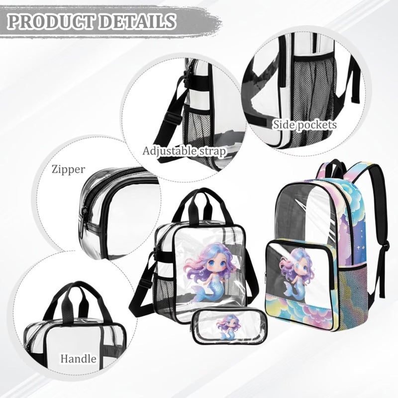 HUIACONG 3 in 1 Clear Mermaid Backpack for Girls Transparent Cute Backpack with Lunch Tote & Pencil Case School Approved Clear Backpack Kids - Image 4