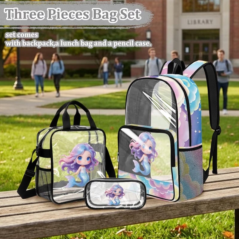 HUIACONG 3 in 1 Clear Mermaid Backpack for Girls Transparent Cute Backpack with Lunch Tote & Pencil Case School Approved Clear Backpack Kids - Image 3