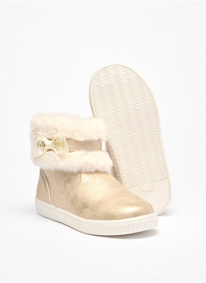 Girl's Faux Fur Ankle Boots with Bow Detail and Zip Closure