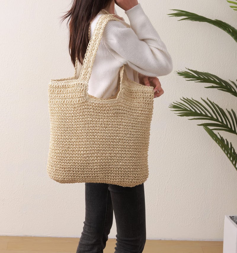 GOLDTIMO Beach Bags for Women - Summer Soft Large Woven Shoulder Purse Handbag, Beach Tote Straw Bag for Summer Vacation, Beige - Image 4