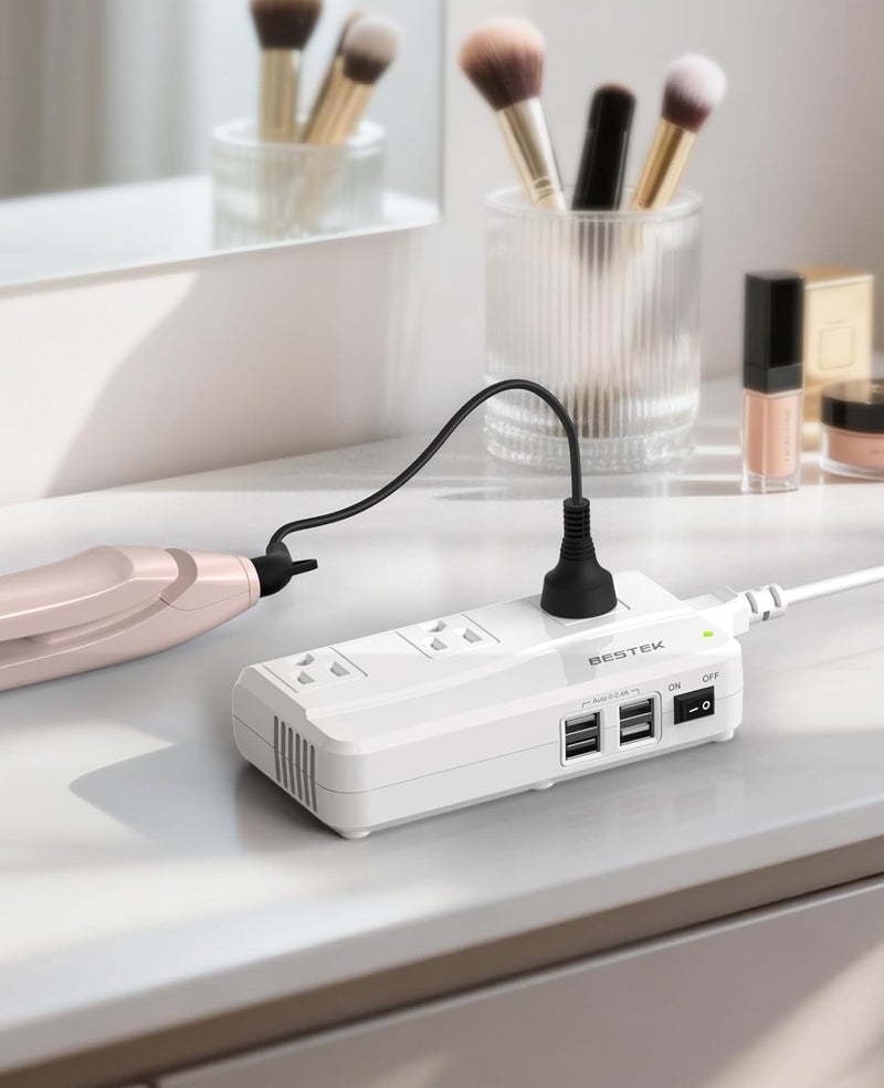 BESTEK محول سفر عالمي 220 فولت إلى 110 فولت مع محول جهد 0-2.4A و 4 منافذ شحن USB ومحول قابس عالمي (أبيض) - Image 5