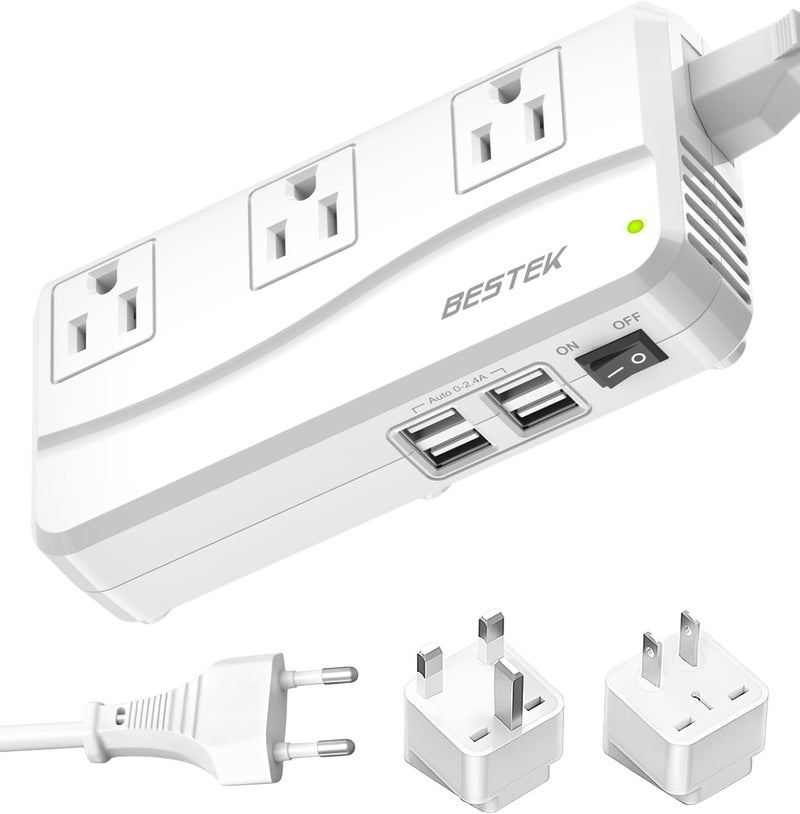 BESTEK محول سفر عالمي 220 فولت إلى 110 فولت مع محول جهد 0-2.4A و 4 منافذ شحن USB ومحول قابس عالمي (أبيض) - Image 1