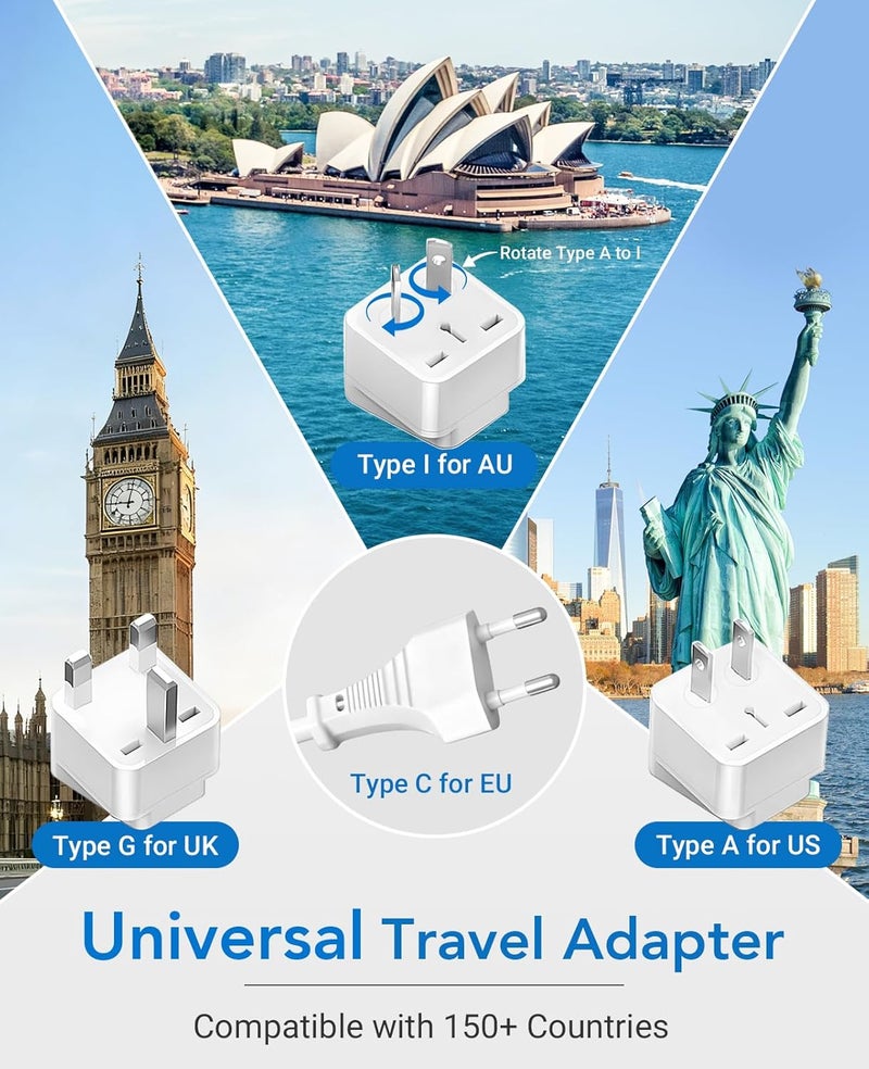 BESTEK محول سفر عالمي 220 فولت إلى 110 فولت مع محول جهد 0-2.4A و 4 منافذ شحن USB ومحول قابس عالمي (أبيض) - Image 3