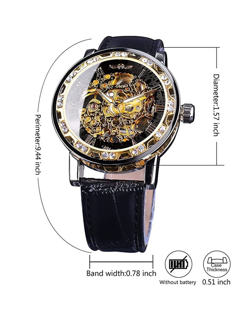 Excefore - Automatic Mechanical Watches for Men, Retro Manual Mechanical Skeleton Watch with Diamond and Carving Flower Craft, Luxury Skeleton Wrist Watch Mechanical Classic Roman Number, Cutout Rhinestones - Image 1