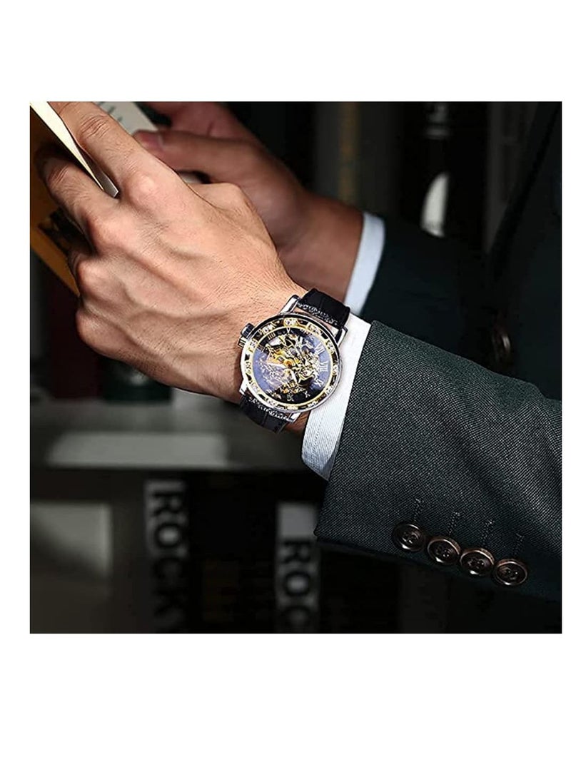 Excefore - Automatic Mechanical Watches for Men, Retro Manual Mechanical Skeleton Watch with Diamond and Carving Flower Craft, Luxury Skeleton Wrist Watch Mechanical Classic Roman Number, Cutout Rhinestones - Image 1
