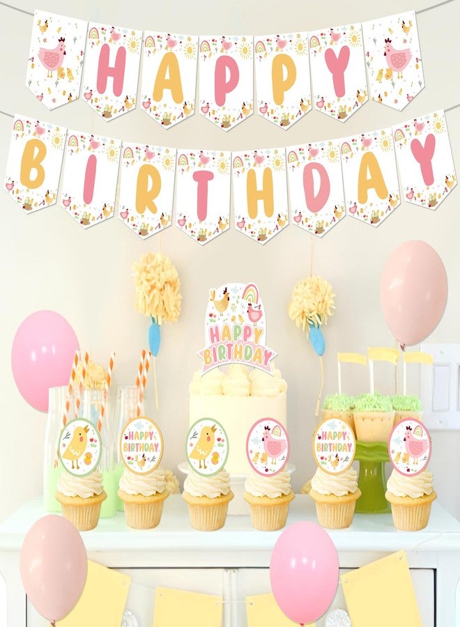 Merrystorm Chicken Themed Birthday Decorations Cute Chicken Birthday Backdrop Banner Little Chick Cupcake Cake Toppers Pink Yellow Latex Balloons for Farm Animal Theme 1st 2nd 3rd Bday Party Supplies - Image 3