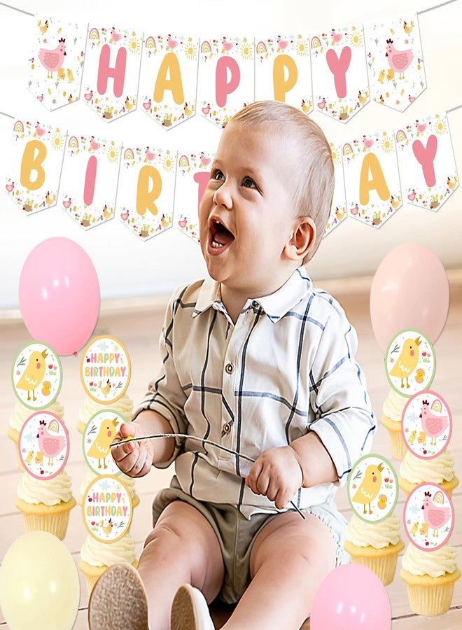 Merrystorm Chicken Themed Birthday Decorations Cute Chicken Birthday Backdrop Banner Little Chick Cupcake Cake Toppers Pink Yellow Latex Balloons for Farm Animal Theme 1st 2nd 3rd Bday Party Supplies - Image 2