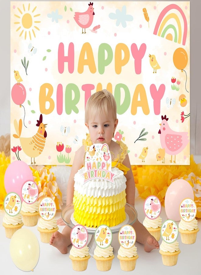 Merrystorm Chicken Themed Birthday Decorations Cute Chicken Birthday Backdrop Banner Little Chick Cupcake Cake Toppers Pink Yellow Latex Balloons for Farm Animal Theme 1st 2nd 3rd Bday Party Supplies - Image 4