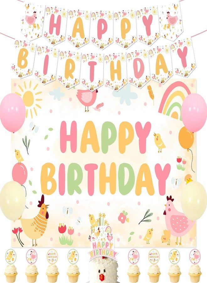 Merrystorm Chicken Themed Birthday Decorations Cute Chicken Birthday Backdrop Banner Little Chick Cupcake Cake Toppers Pink Yellow Latex Balloons for Farm Animal Theme 1st 2nd 3rd Bday Party Supplies - Image 1