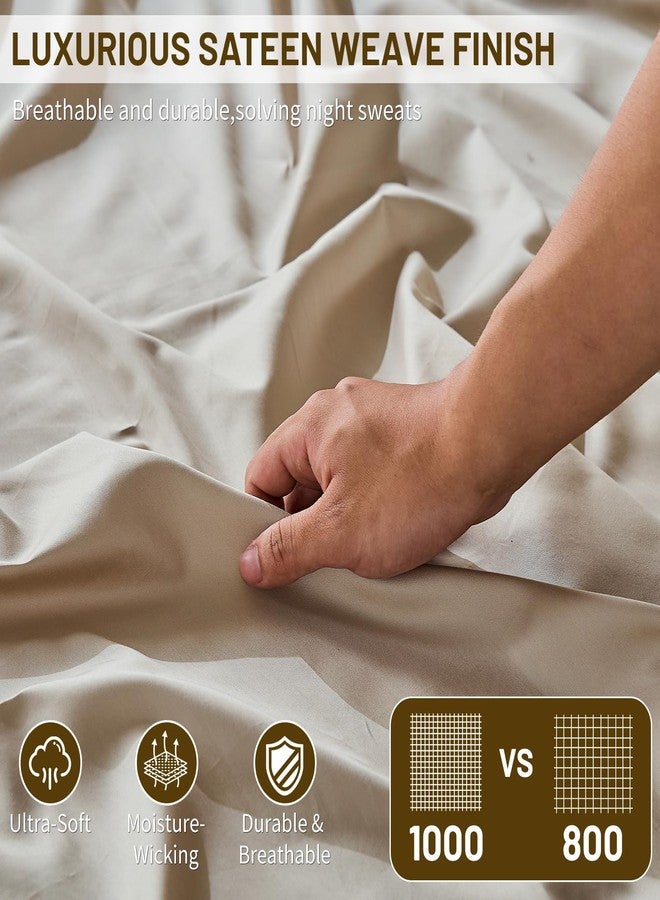 MEISHANG 1000 Thread Count Cotton Sheets Queen Size - 100% Egyptian Cotton, Sateen Weave, Ultra Soft & Breathable Sateen, 16" Deep Pockets - 4 Piece (Queen, Linen) - Image 3