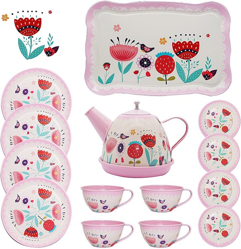 Xlong Pink Tea Set for Little Girls,Flower Design Kids Tea Party Set,Princess Tea Time Toys Teapot Dishes Kitchen Pretend Play Tin Tea Party Set for Girls - Image 1