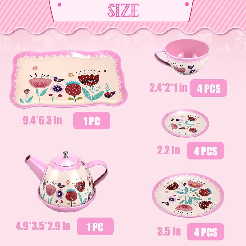 Xlong Pink Tea Set for Little Girls,Flower Design Kids Tea Party Set,Princess Tea Time Toys Teapot Dishes Kitchen Pretend Play Tin Tea Party Set for Girls - Image 2