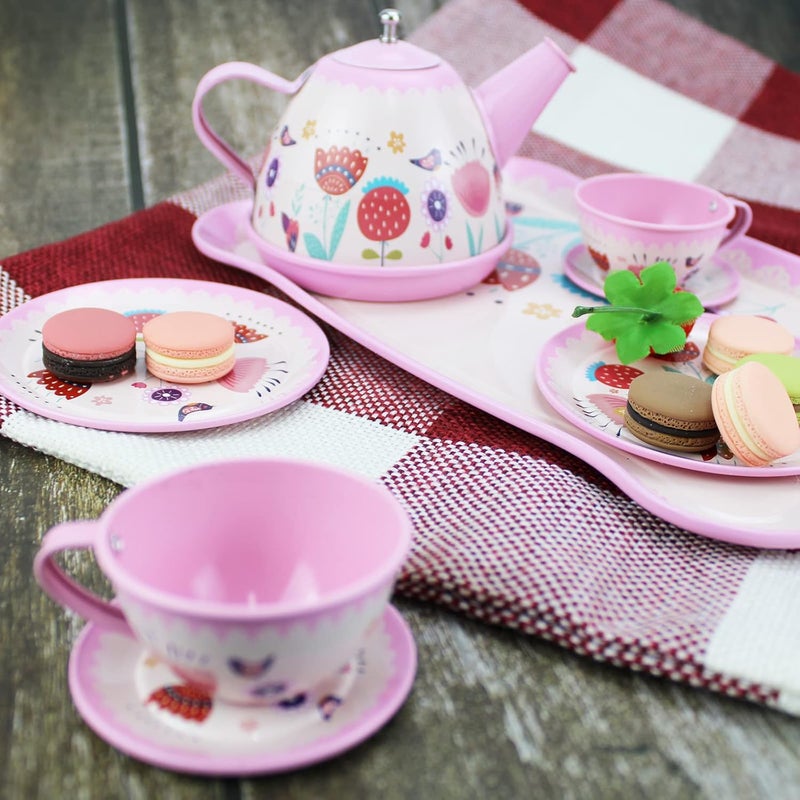 Xlong Pink Tea Set for Little Girls,Flower Design Kids Tea Party Set,Princess Tea Time Toys Teapot Dishes Kitchen Pretend Play Tin Tea Party Set for Girls - Image 4