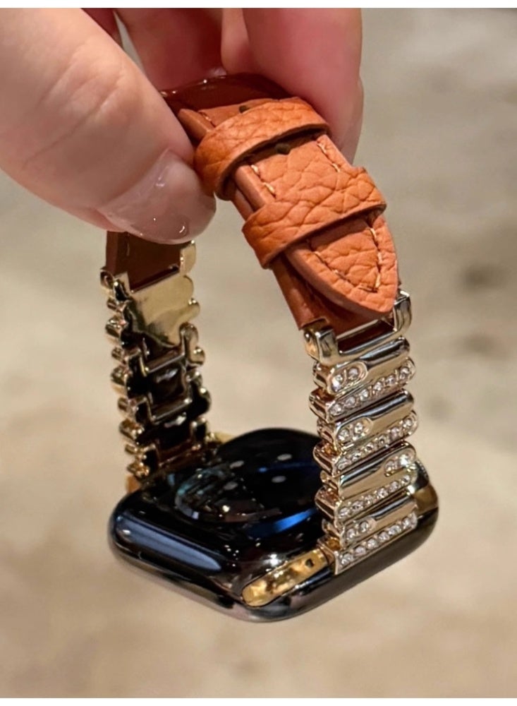 Irregular Diamond Studded Lychee Patterned Leather Watch Strap Brown Belt With Gold Buckle For Strap Only Suitable For 44mm (4th to 6th Generation/SE) - Image 1