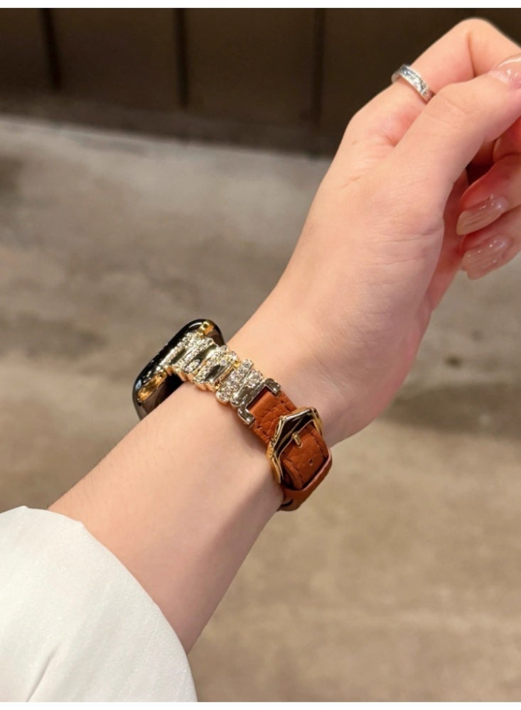 Irregular Diamond Studded Lychee Patterned Leather Watch Strap Brown Belt With Gold Buckle For Strap Only Suitable For 44mm (4th to 6th Generation/SE) - Image 5