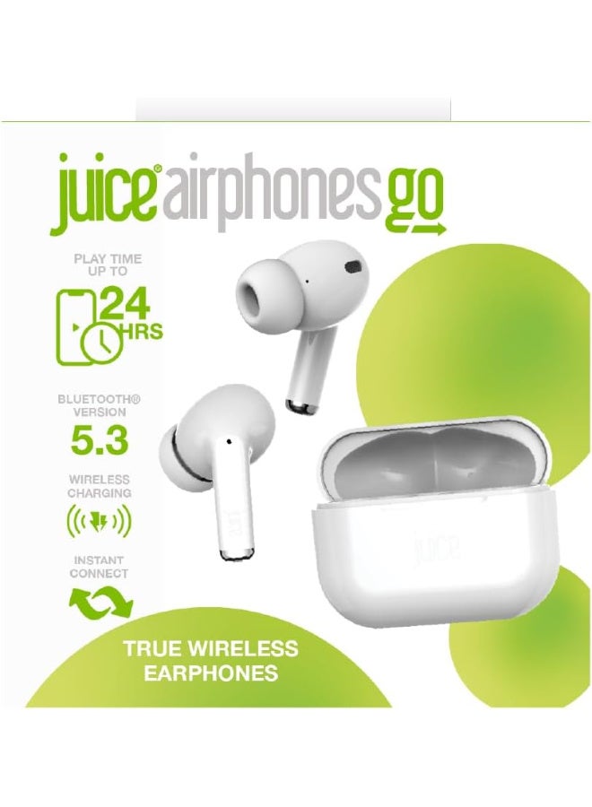 جوس سماعات أذن لاسلكية Juice®airphones Go True، مدة تشغيل تصل إلى 24 ساعة، علبة شحن لاسلكية، صوت غني وواضح وقوي، أزرار تحكم متعددة الوظائف تعمل باللمس، بلوتوث 5، مقاومة للماء بمعيار IPX4 - أبيض - Image 1