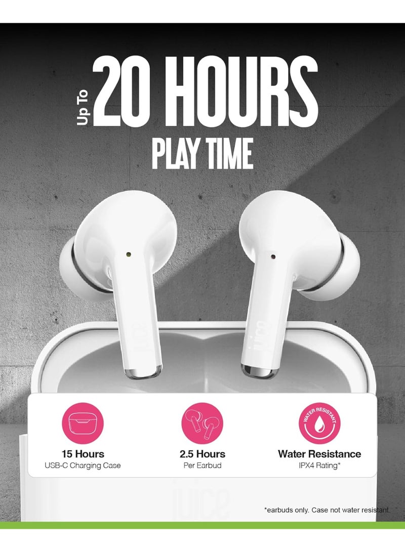 جوس سماعات أذن لاسلكية Juice®airphones Go True، مدة تشغيل تصل إلى 24 ساعة، علبة شحن لاسلكية، صوت غني وواضح وقوي، أزرار تحكم متعددة الوظائف تعمل باللمس، بلوتوث 5، مقاومة للماء بمعيار IPX4 - أبيض - Image 5