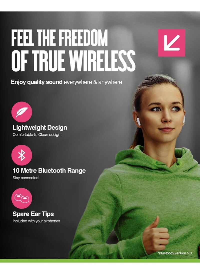 جوس سماعات أذن لاسلكية Juice®airphones Go True، مدة تشغيل تصل إلى 24 ساعة، علبة شحن لاسلكية، صوت غني وواضح وقوي، أزرار تحكم متعددة الوظائف تعمل باللمس، بلوتوث 5، مقاومة للماء بمعيار IPX4 - أبيض - Image 3