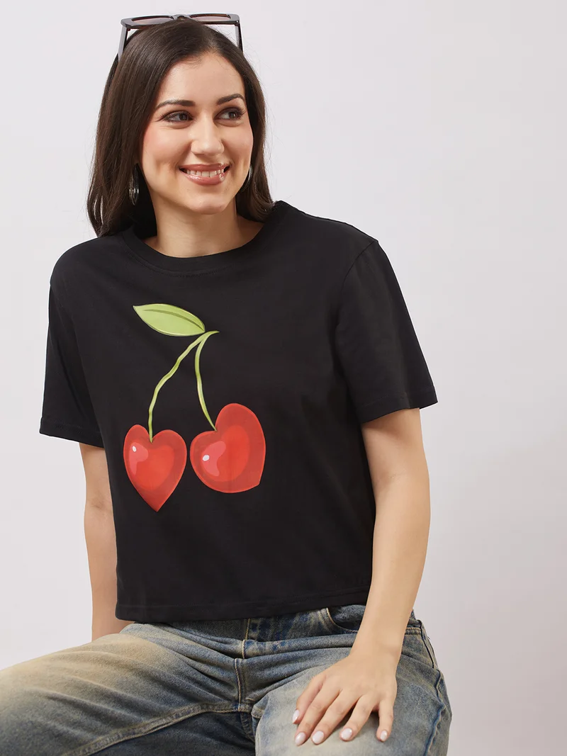 globus Women Black Round Neck Short Sleeves Cherry Print Oversized T-Shirt