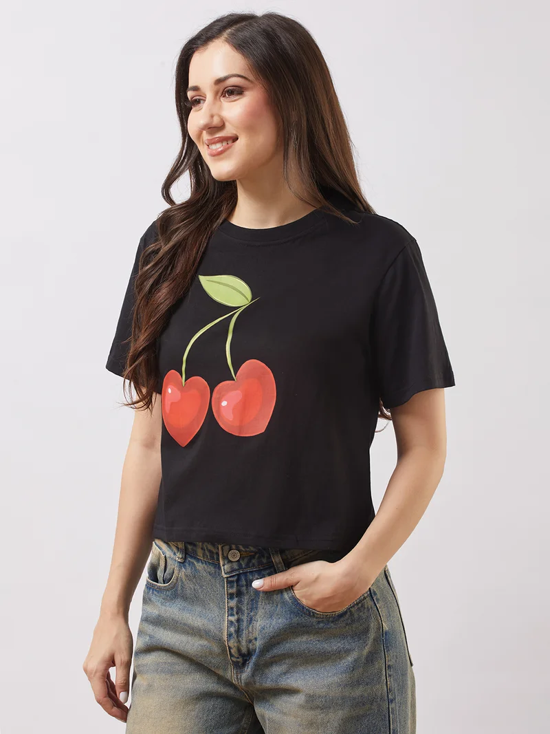 globus Women Black Round Neck Short Sleeves Cherry Print Oversized T-Shirt