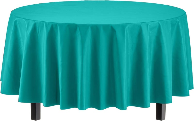 Exquisite 12-Pack Premium Plastic Tablecloth 84in. Round Table Cover - Teal - Image 2