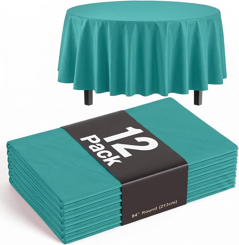 Exquisite 12-Pack Premium Plastic Tablecloth 84in. Round Table Cover - Teal - Image 1