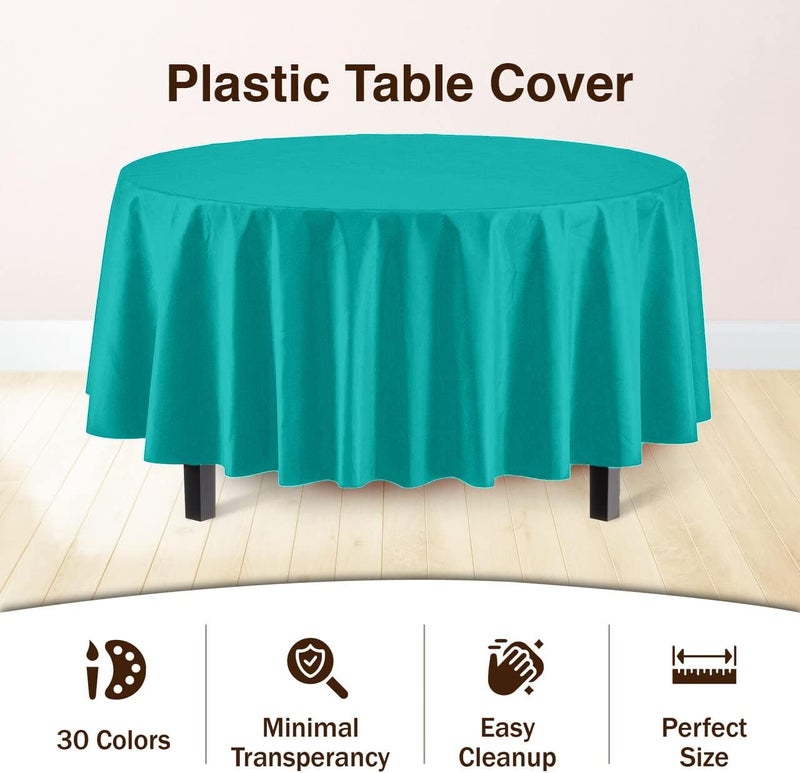 Exquisite 12-Pack Premium Plastic Tablecloth 84in. Round Table Cover - Teal - Image 3