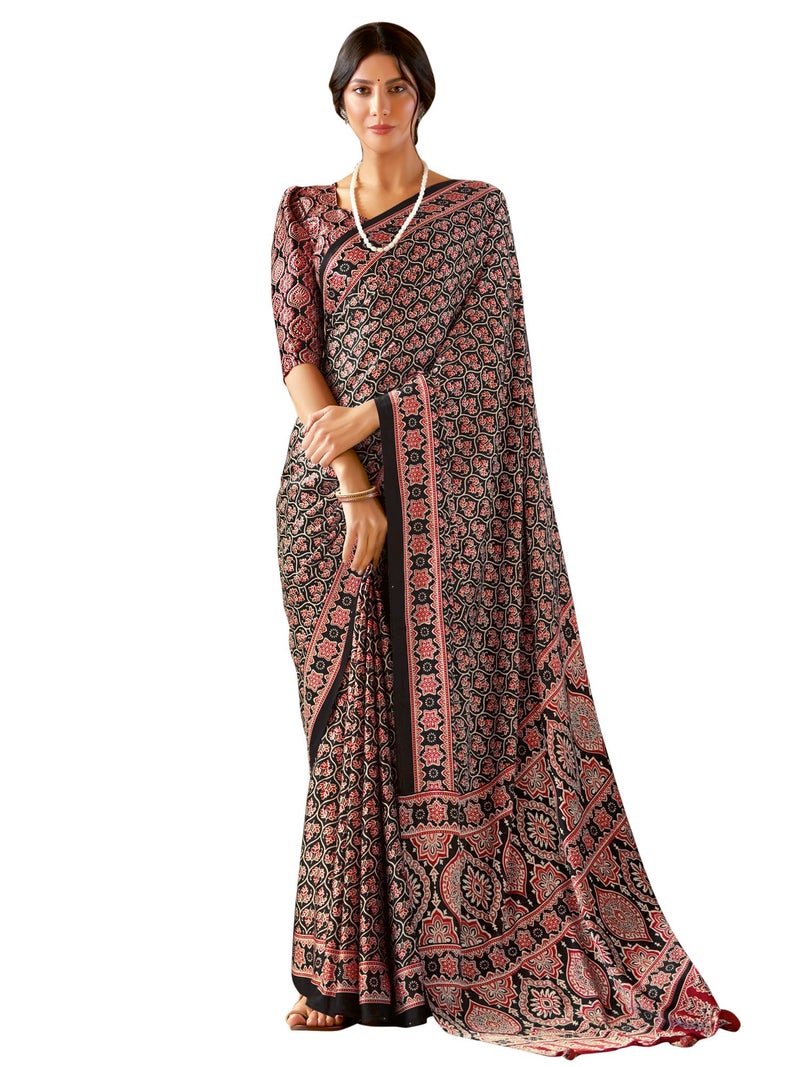 SAREE MALL Women's Ajrak Crepe Satin Printed Saree With Unstitched Blouse Piece(Black_MOHAR204B_HS) - Image 1