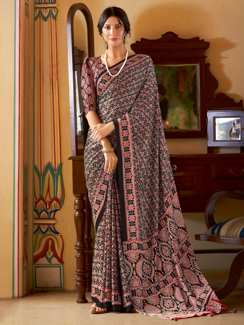SAREE MALL Women's Ajrak Crepe Satin Printed Saree With Unstitched Blouse Piece(Black_MOHAR204B_HS) - Image 2