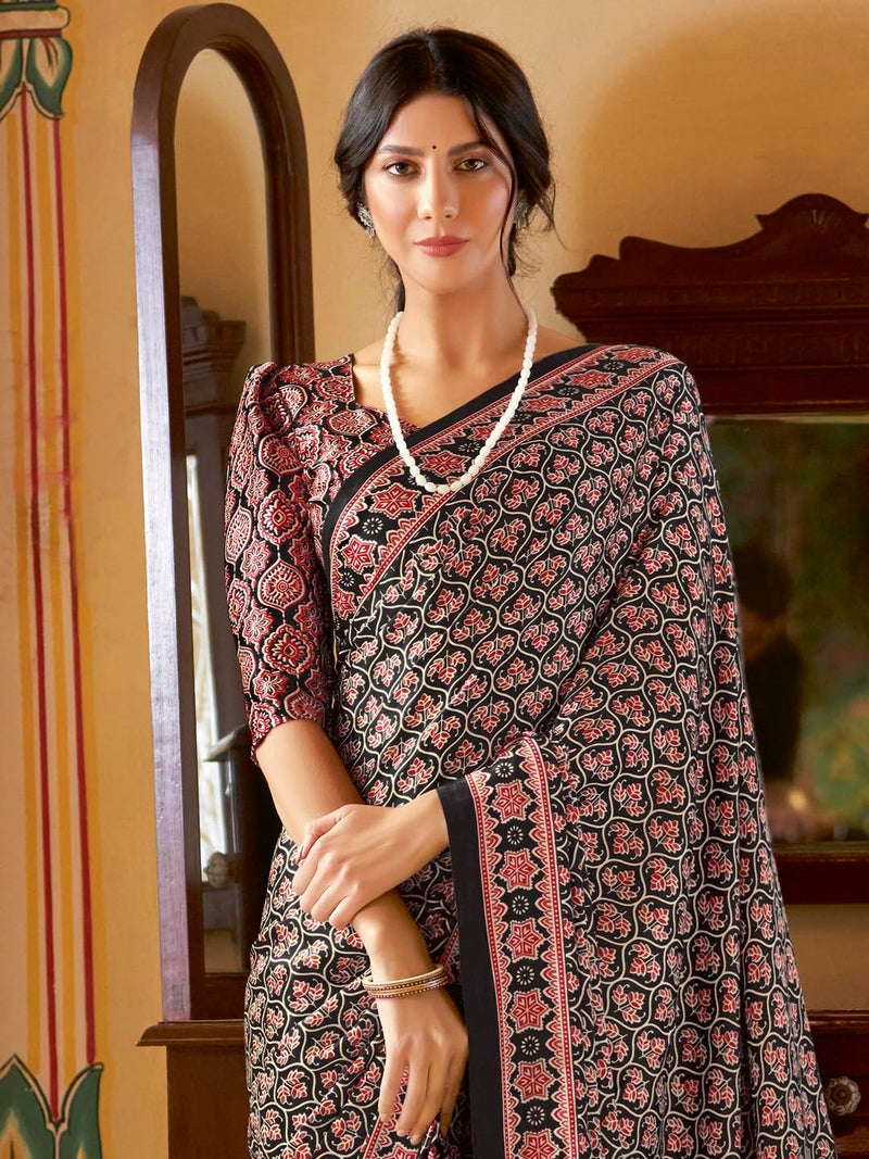 SAREE MALL Women's Ajrak Crepe Satin Printed Saree With Unstitched Blouse Piece(Black_MOHAR204B_HS) - Image 4