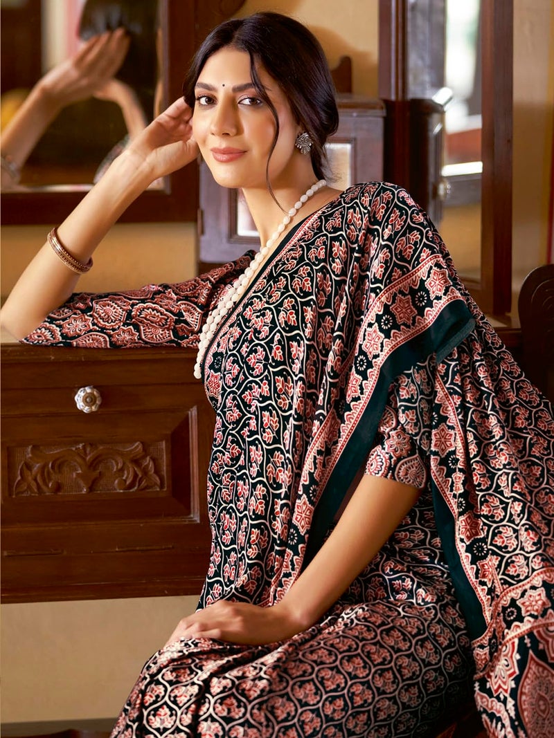 SAREE MALL Women's Ajrak Crepe Satin Printed Saree With Unstitched Blouse Piece(Black_MOHAR204B_HS) - Image 3