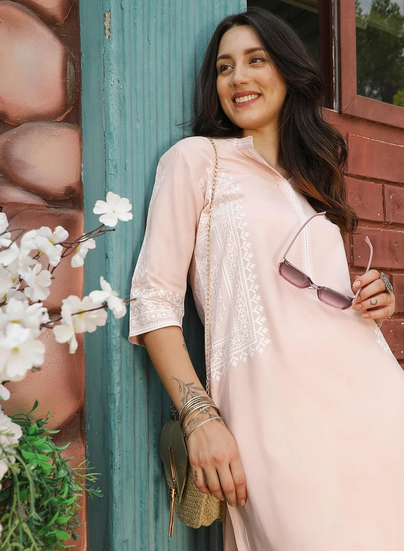 QISSA Women's Peach Orange Minimal Ethnic Print Kurta With Peach Orange Trousers Set