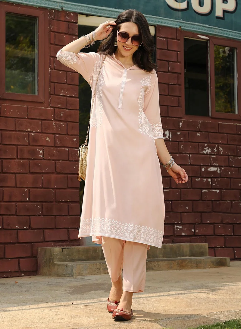 QISSA Women's Peach Orange Minimal Ethnic Print Kurta With Peach Orange Trousers Set