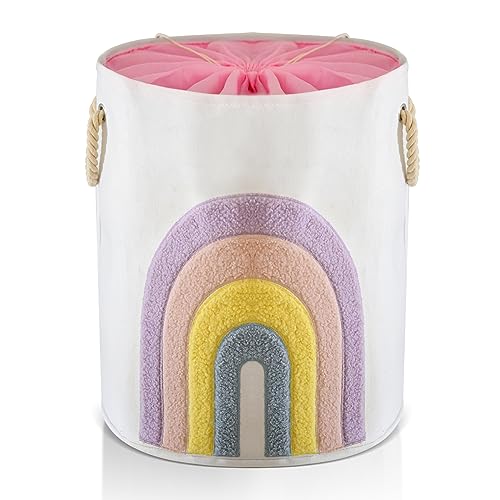 INough Pink Baby Hamper, XL Canvas 58L Laundry Basket with Drawstring Closure, Boho Rainbow Decor - Image 1