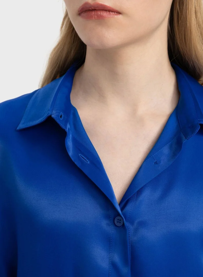 DeFacto  Regular Fit Shirt Collar Satin Short Sleeve Shirt for Women | Best Price UAE