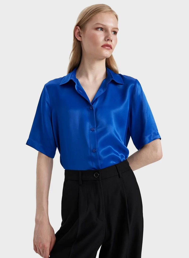 DeFacto  Regular Fit Shirt Collar Satin Short Sleeve Shirt for Women | Best Price UAE