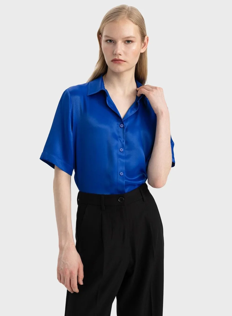 DeFacto  Regular Fit Shirt Collar Satin Short Sleeve Shirt for Women | Best Price UAE