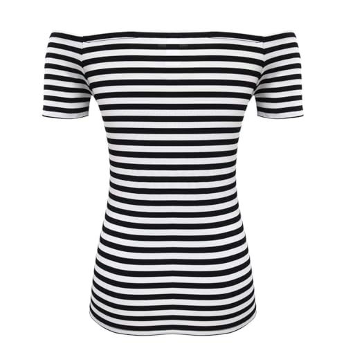 LilyCoco Striped Off The Shoulder Tops for Women Short Sleeve Sexy Fitted Pirate Shirt Stripe Medium - Image 4