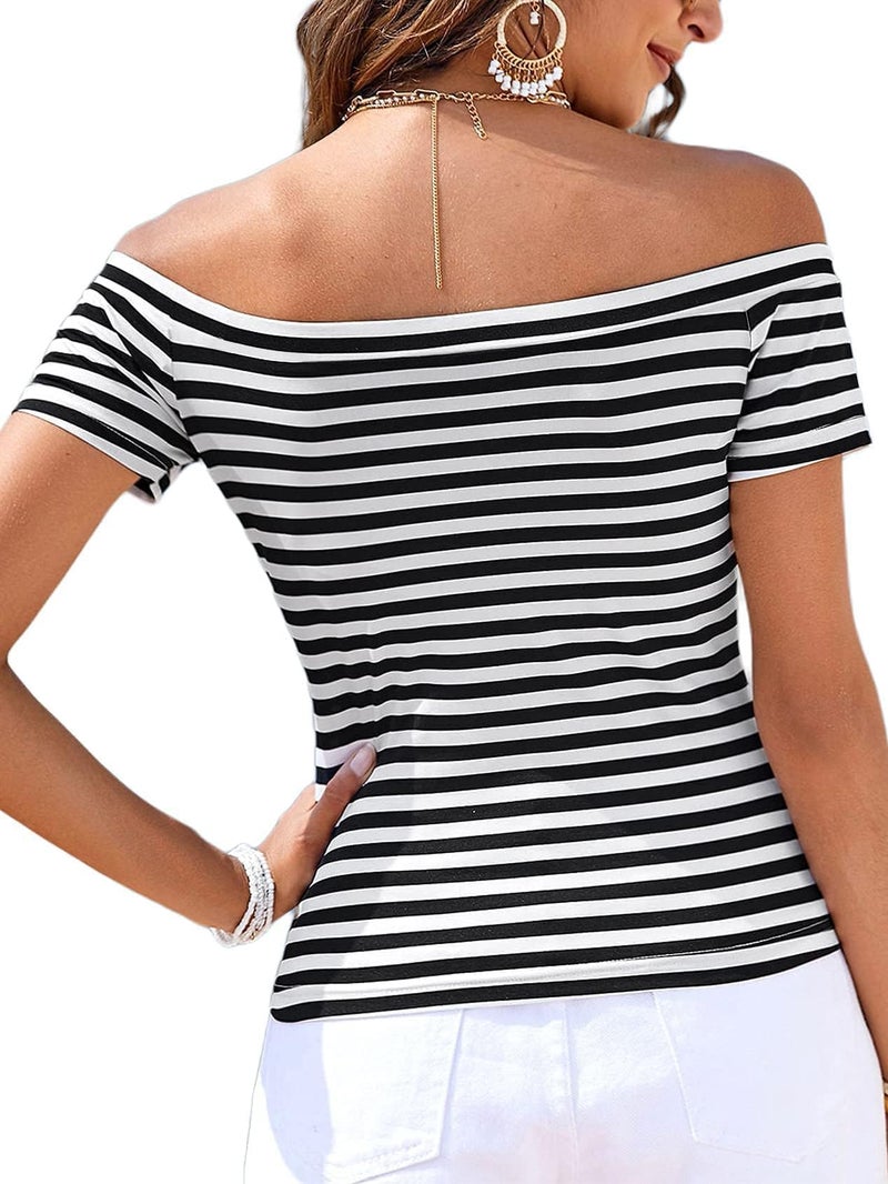 LilyCoco Striped Off The Shoulder Tops for Women Short Sleeve Sexy Fitted Pirate Shirt Stripe Medium - Image 2