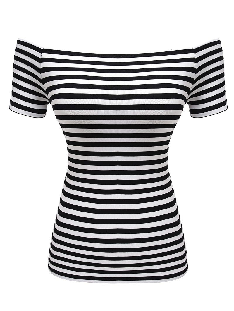 LilyCoco Striped Off The Shoulder Tops for Women Short Sleeve Sexy Fitted Pirate Shirt Stripe Medium - Image 3