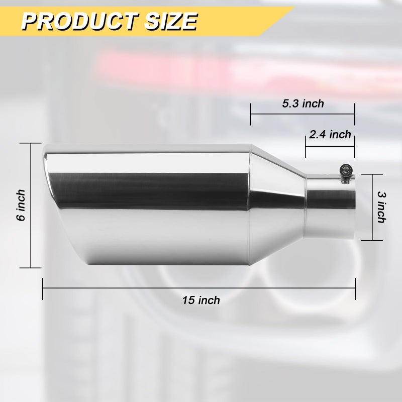 Vurkcy 3 inch Inlet Exhaust Tip, 6" Outlet 15" Overall Length Stainless Steel Exhaust Tail Pipe, Bolt-On, Rolled Edge, Slant Sleek Angle Cut, Polished Tailpipe, Silveryï»¿ - Image 3