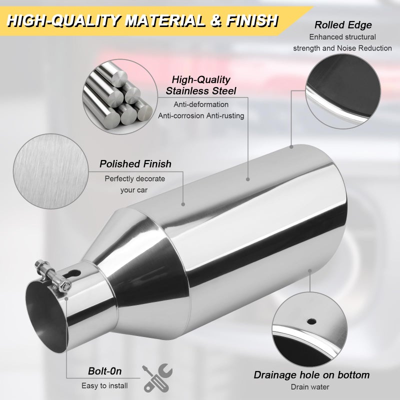 Vurkcy 3 inch Inlet Exhaust Tip, 6" Outlet 15" Overall Length Stainless Steel Exhaust Tail Pipe, Bolt-On, Rolled Edge, Slant Sleek Angle Cut, Polished Tailpipe, Silveryï»¿ - Image 2