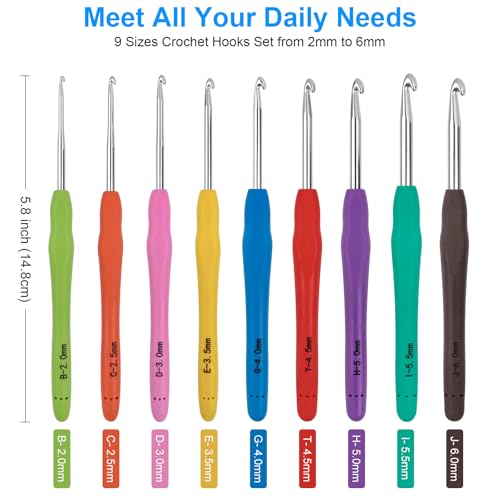 MECHEER Crochet Hooks 9 Sizes Crochet Hook Set, 49 Pack Yarn Crochet Kit for Beginners, Knitting Needles with Ergonomic Handles for Arthritic Hands, Crochet Needle Kit with Blue Case for Crocheters - Image 2